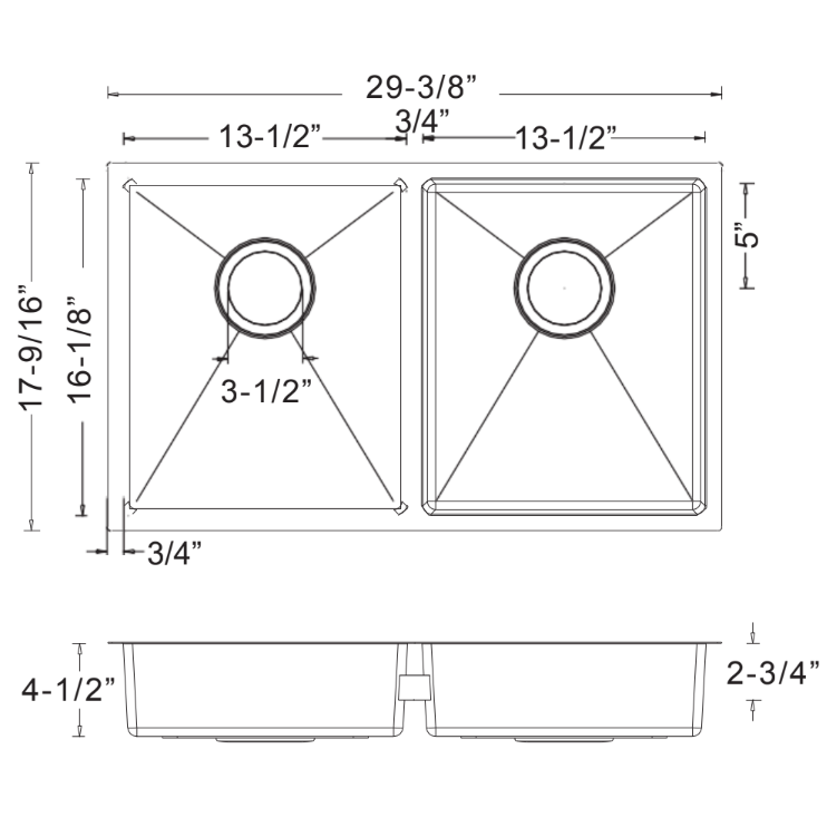 Wells Sinkware Specialty 29" Rectangle Undermount Handcrafted 18-Gauge ADA Compliant Stainless Steel 50/50 Double Bowl Kitchen Sink With 2 Deep Basket Strainers