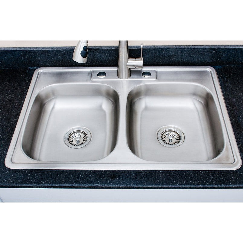 Wells Sinkware Specialty 33" Rectangle Drop-in 20-Gauge ADA Compliant Stainless Steel 50/50 Double Bowl Kitchen Sink With 3 Faucet Holes and 2 Deep Basket Strainers