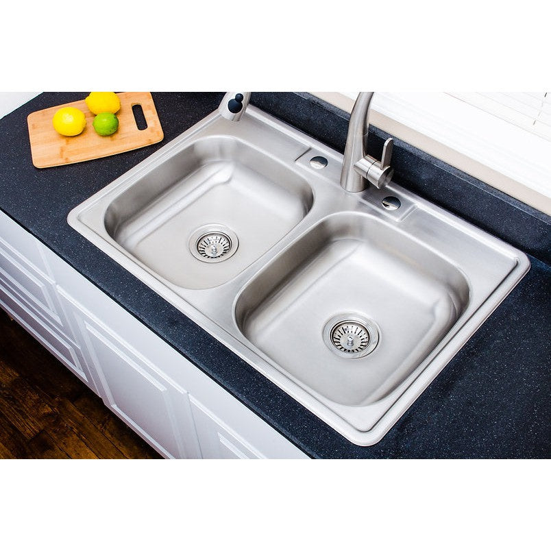 Wells Sinkware Specialty 33" Rectangle Drop-in 20-Gauge ADA Compliant Stainless Steel 50/50 Double Bowl Kitchen Sink With 3 Faucet Holes and 2 Deep Basket Strainers