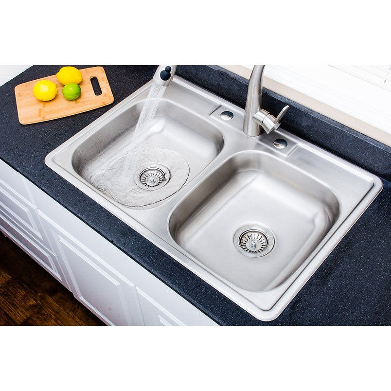 Wells Sinkware Specialty 33" Rectangle Drop-in 20-Gauge ADA Compliant Stainless Steel 50/50 Double Bowl Kitchen Sink With 3 Faucet Holes and 2 Deep Basket Strainers