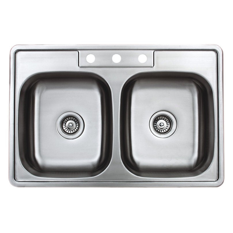 Wells Sinkware Specialty 33" Rectangle Drop-in 20-Gauge ADA Compliant Stainless Steel 50/50 Double Bowl Kitchen Sink With 3 Faucet Holes and 2 Deep Basket Strainers