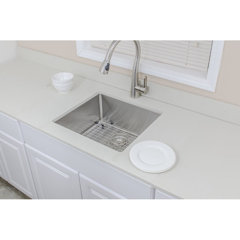 Wells Sinkware The Chef's 21" Rectangle Undermount Handcrafted 16-Gauge Elongated Stainless Steel Single Bowl Bar Sink With 1 Bottom Protection Grid Rack and 1 Basket Strainer