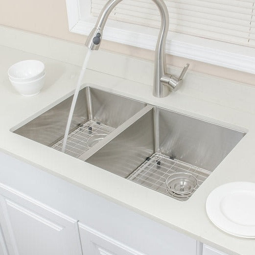 Wells Sinkware The Chef's 30" Rectangle Undermount Handcrafted 16-Gauge Elongated Stainless Steel Double Bowl Bar Sink With 2 Bottom Protection Grid Racks and 2 Basket Strainers