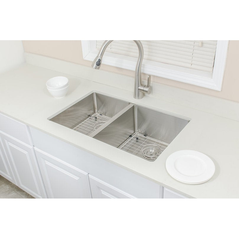 Wells Sinkware The Chef's 30" Rectangle Undermount Handcrafted 16-Gauge Elongated Stainless Steel Double Bowl Bar Sink With 2 Bottom Protection Grid Racks and 2 Basket Strainers