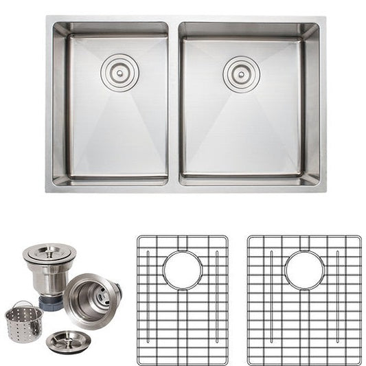 Wells Sinkware The Chef's 30" Rectangle Undermount Handcrafted 16-Gauge Elongated Stainless Steel Double Bowl Bar Sink With 2 Bottom Protection Grid Racks and 2 Basket Strainers