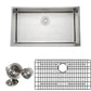 Wells Sinkware The Chef's 33" Rectangle Farmhouse Apron Front Handcrafted 16-Gauge Stainless Steel Single Bowl Kitchen Sink With 1 Bottom Protection Grid Rack and 1 Basket Strainer
