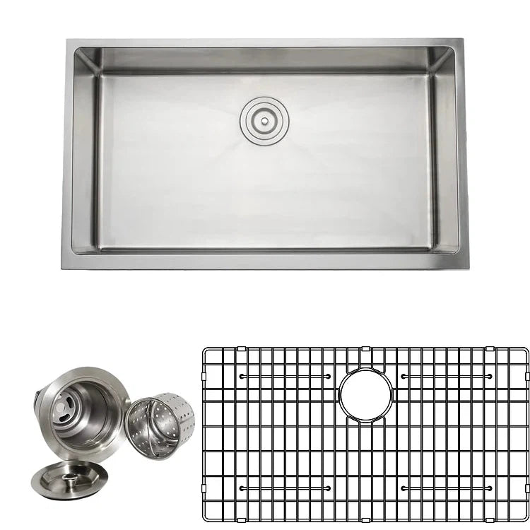 Wells Sinkware The Chef's 33" Rectangle Farmhouse Apron Front Handcrafted 16-Gauge Stainless Steel Single Bowl Kitchen Sink With 1 Bottom Protection Grid Rack and 1 Basket Strainer