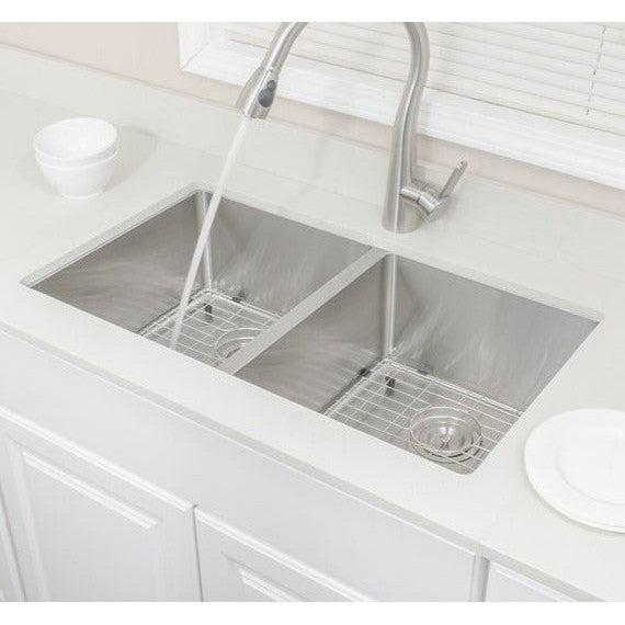 Wells Sinkware The Chef's 33" Rectangle Undermount Handcrafted 16-Gauge Stainless Steel Double Bowl Kitchen Sink 2 Bottom Protection Grid Racks and 2 Basket Strainers