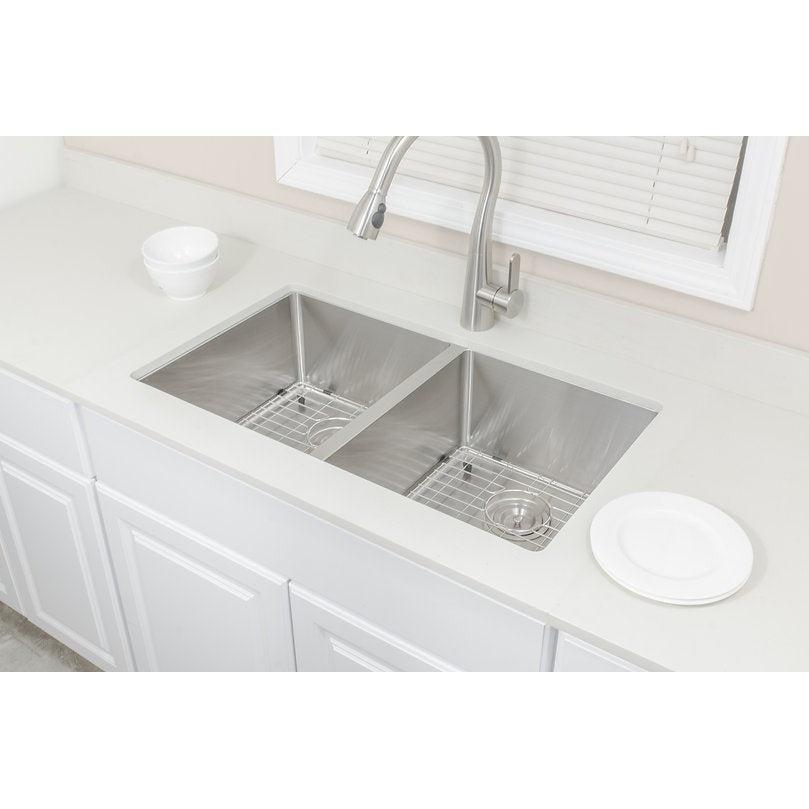 Wells Sinkware The Chef's 33" Rectangle Undermount Handcrafted 16-Gauge Stainless Steel Double Bowl Kitchen Sink 2 Bottom Protection Grid Racks and 2 Basket Strainers