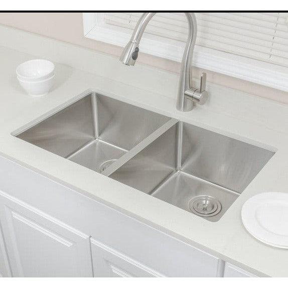 Wells Sinkware The Chef's 33" Rectangle Undermount Handcrafted 16-Gauge Stainless Steel Double Bowl Kitchen Sink 2 Bottom Protection Grid Racks and 2 Basket Strainers