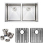 Wells Sinkware The Chef's 33" Rectangle Undermount Handcrafted 16-Gauge Stainless Steel Double Bowl Kitchen Sink 2 Bottom Protection Grid Racks and 2 Basket Strainers