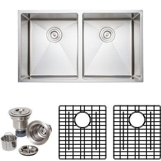 Wells Sinkware The Chef's 33" Rectangle Undermount Handcrafted 16-Gauge Stainless Steel Double Bowl Kitchen Sink 2 Bottom Protection Grid Racks and 2 Basket Strainers