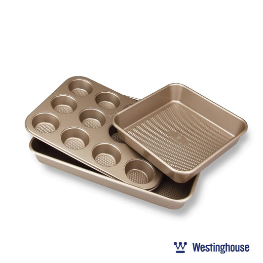 Westinghouse 3-Piece Carbon Steel Premium Non-stick Baking Pan Set With Square Pan, Muffin Tray, and Rectangular Deep Tray