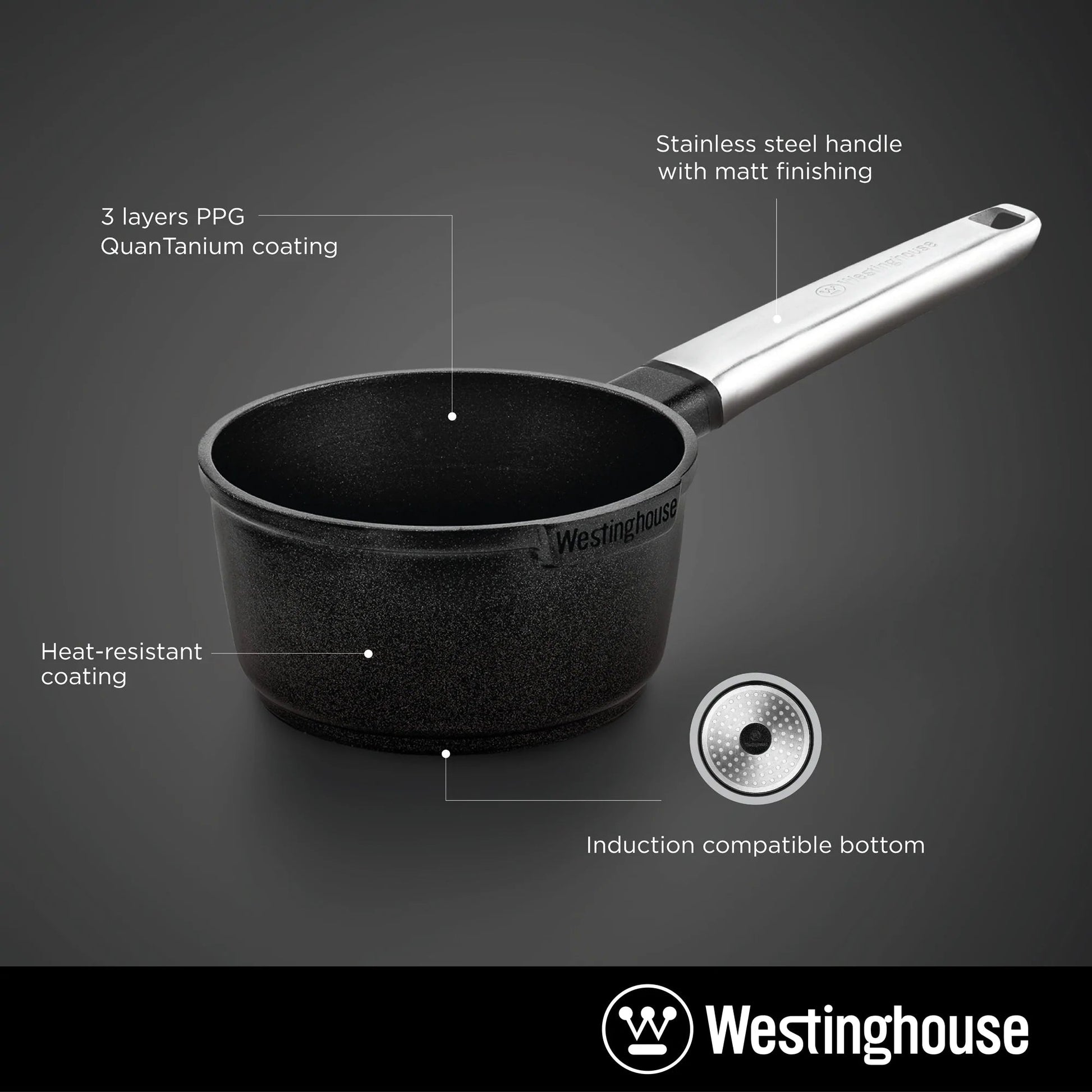 Westinghouse 7” 2 QT. Black Cast Aluminum Sauce Pan With Quantanium Non-stick Coating
