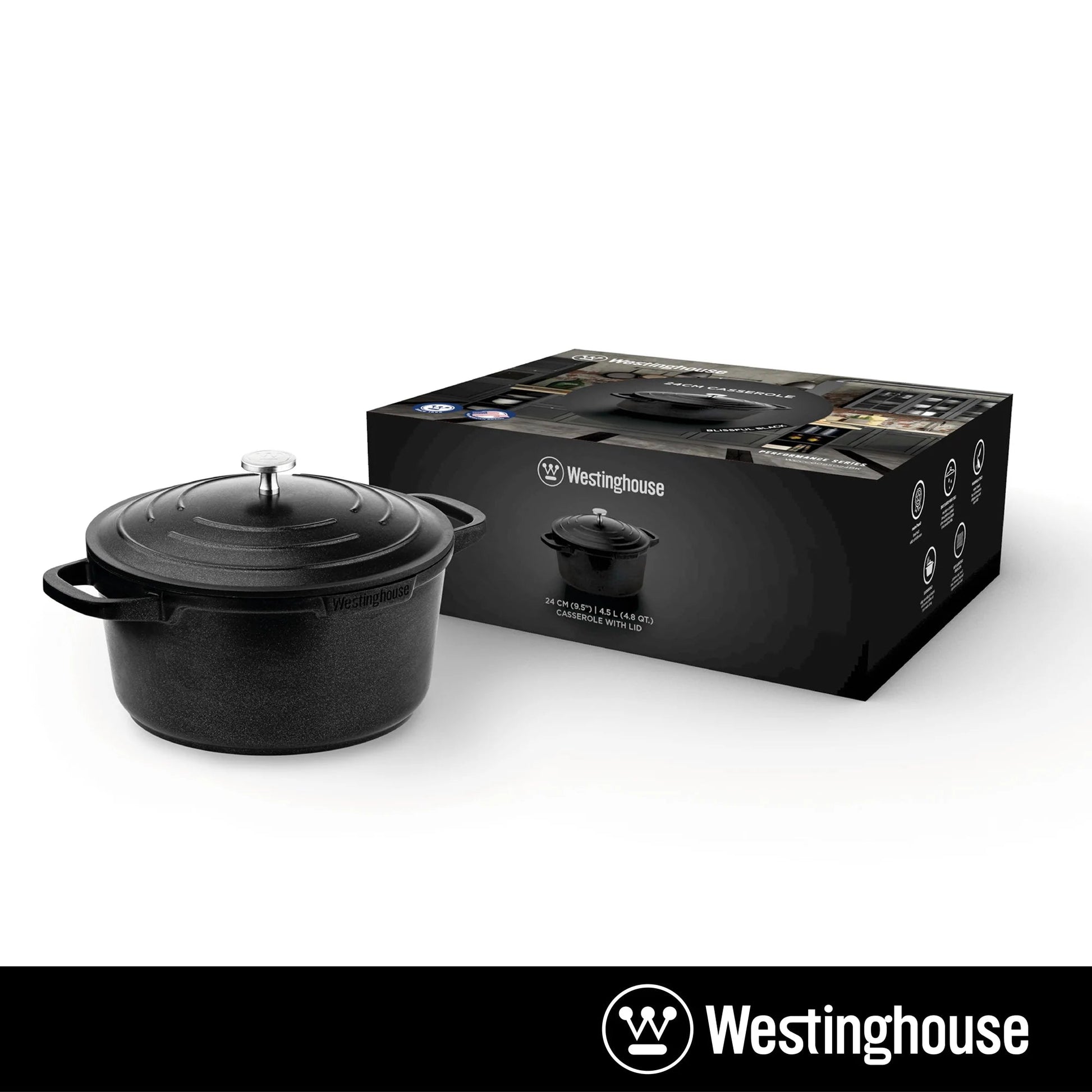 Westinghouse 9” 4 QT. Black Cast Aluminum Dutch Oven With Quantanium  Non-stick Coating