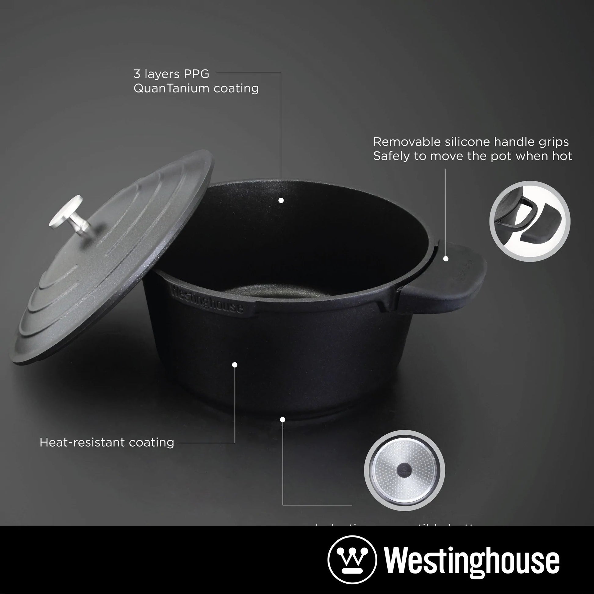 Westinghouse 9” 4 QT. Black Cast Aluminum Dutch Oven With Quantanium Non-stick Coating