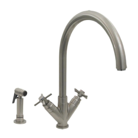 Whitehaus 3-03942SS85-BN Luxe+ Dual Handle Faucet with Gooseneck Swivel Spout, "V" Cross Style Handles and Solid Brass Side Spray