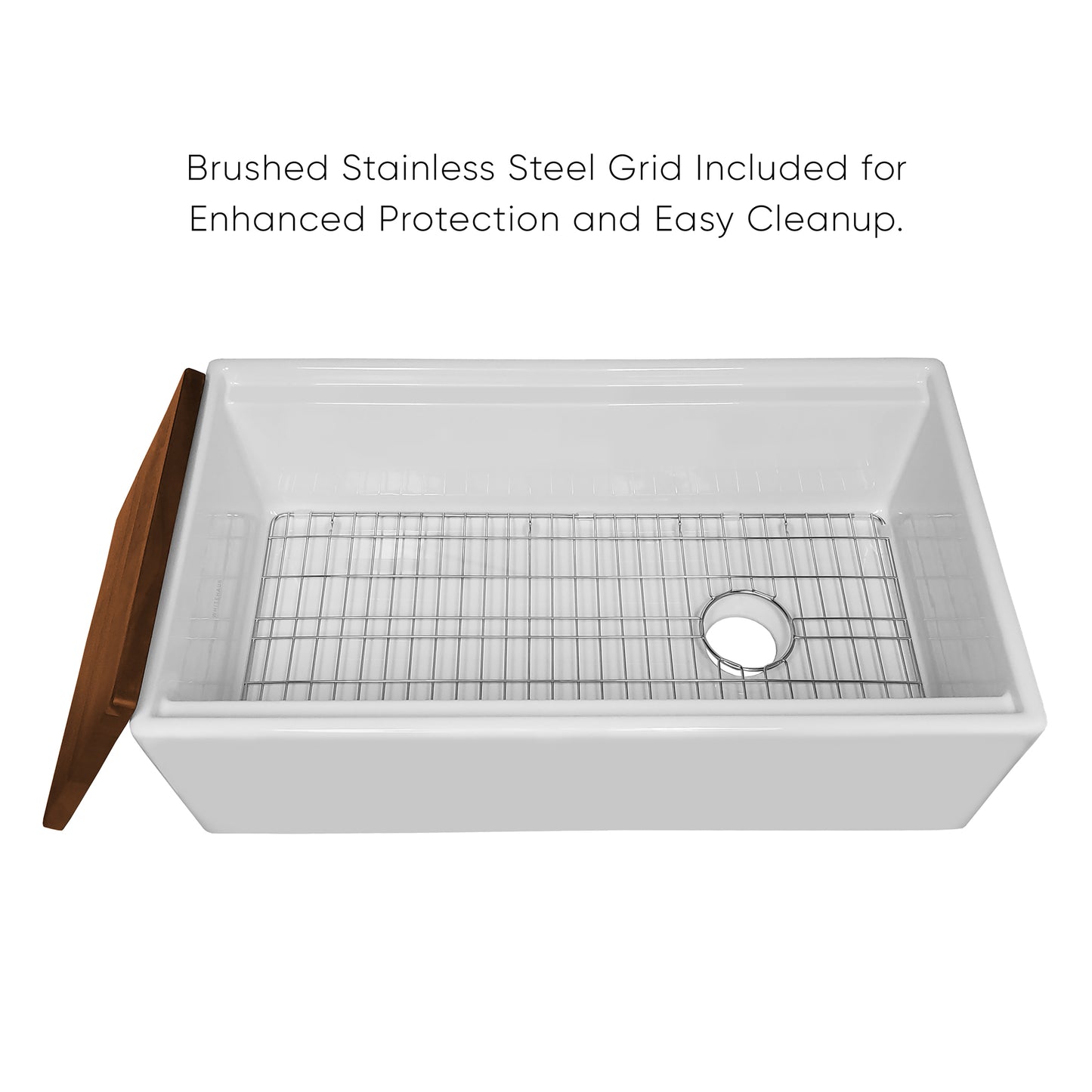 Whitehaus Fireclay 30" White Reversible Single Bowl Sink Set With Smooth Front Apron, Walnut Wood Cutting Board and Stainless Steel Grid