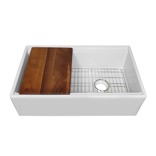 Whitehaus Fireclay 30" White Reversible Single Bowl Sink Set With Smooth Front Apron, Walnut Wood Cutting Board and Stainless Steel Grid