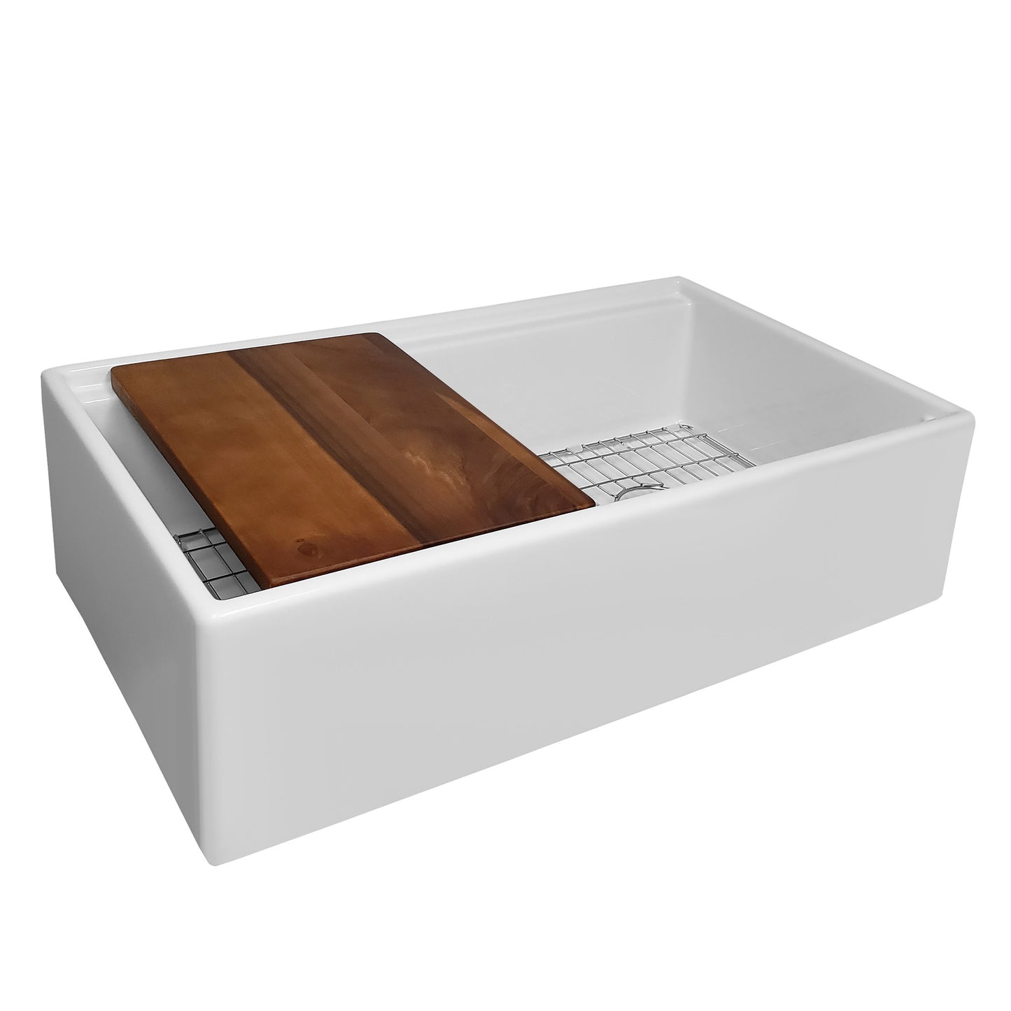 Whitehaus Fireclay 33" White Reversible Single Bowl Sink Set With Smooth Front Apron, Walnut Wood Cutting Board and Stainless Steel Grid