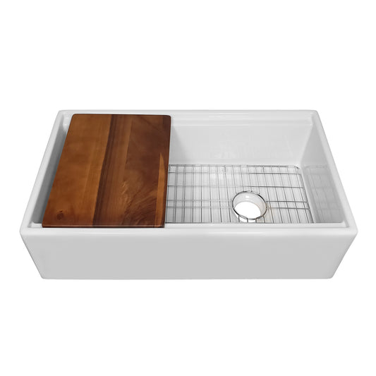 Whitehaus Fireclay 33" White Reversible Single Bowl Sink Set With Smooth Front Apron, Walnut Wood Cutting Board and Stainless Steel Grid