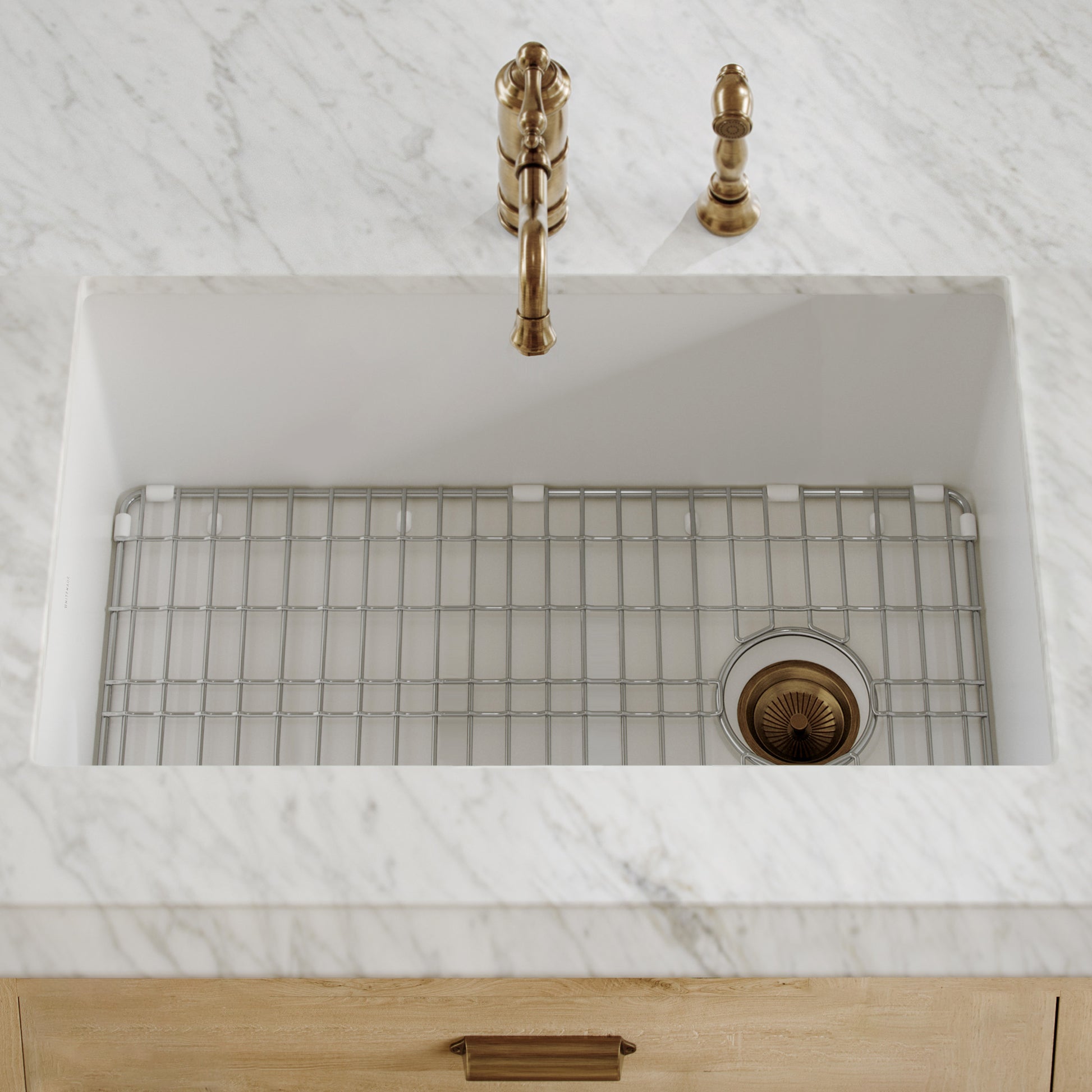 Whitehaus Fireclay 34" White Undermount / Drop-in Fireclay Kitchen Sinks, Stainless Steel Grid Included