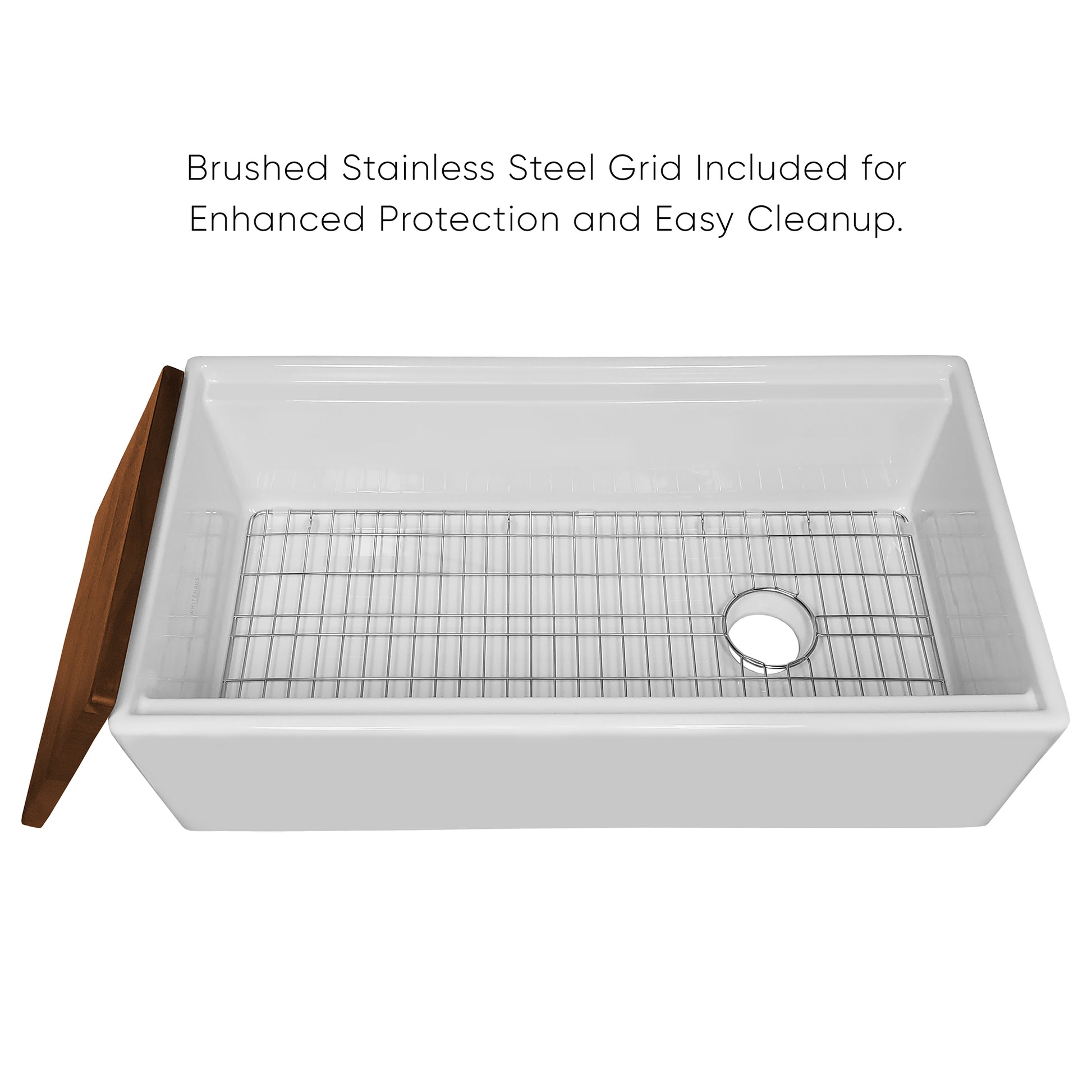 Whitehaus Fireclay 36" White Reversible Single Bowl Sink Set With Smooth Front Apron, Walnut Wood Cutting Board and Stainless Steel Grid