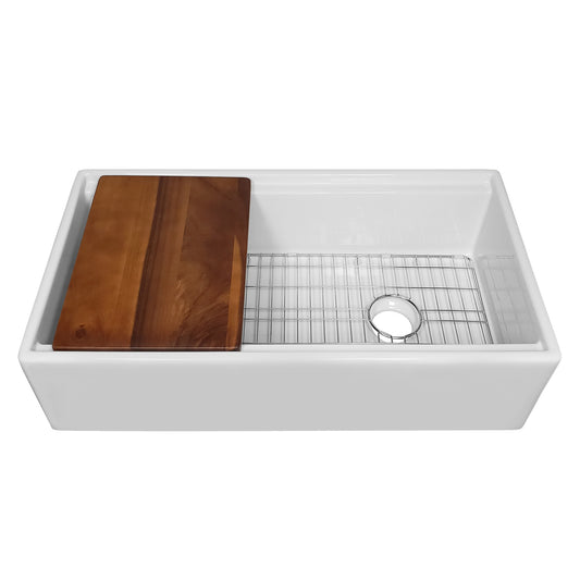 Whitehaus Fireclay 36" White Reversible Single Bowl Sink Set With Smooth Front Apron, Walnut Wood Cutting Board and Stainless Steel Grid