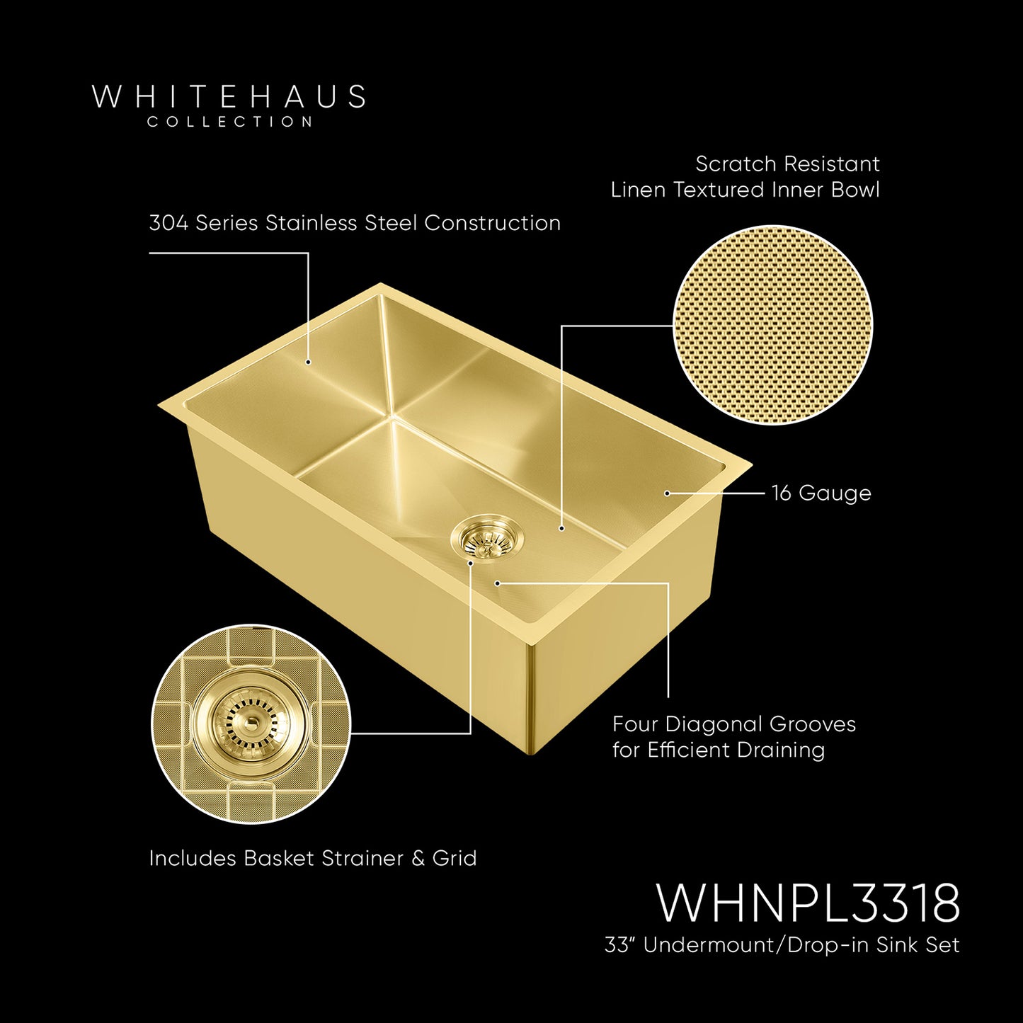 Whitehaus Noah Plus 33" Brass Stainless Steel 16 gauge Single Bowl Linen Textured Dual-Mount Sink Set