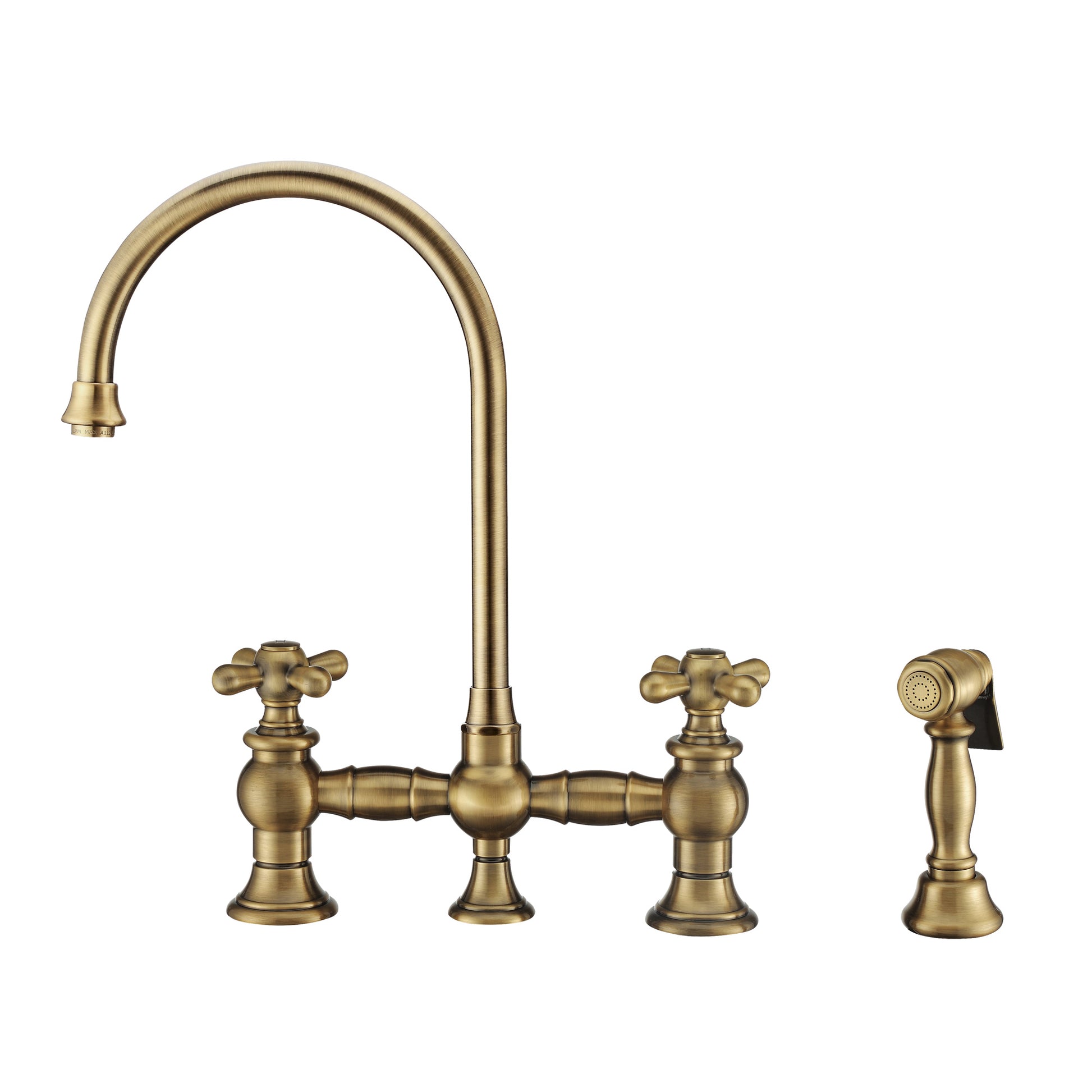 Whitehaus Vintage III Plus Antique Brass Brass Bridge Faucet With Long Gooseneck Swivel Spout, Cross Handles and Solid Brass Side Spray