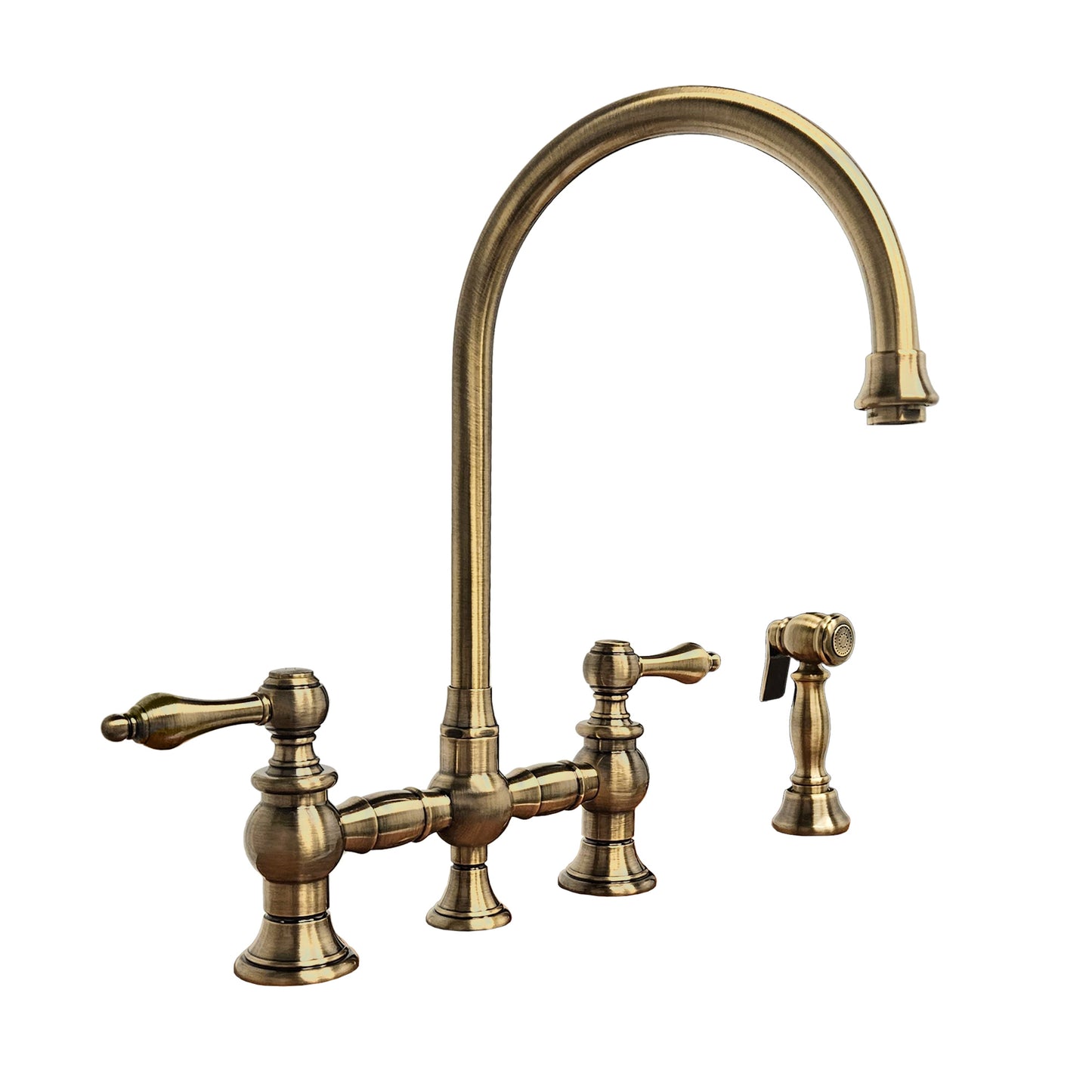 Whitehaus Vintage III Plus Antique Brass Brass Bridge Faucet With Long Gooseneck Swivel Spout, Lever Handles and Solid Brass Side Spray