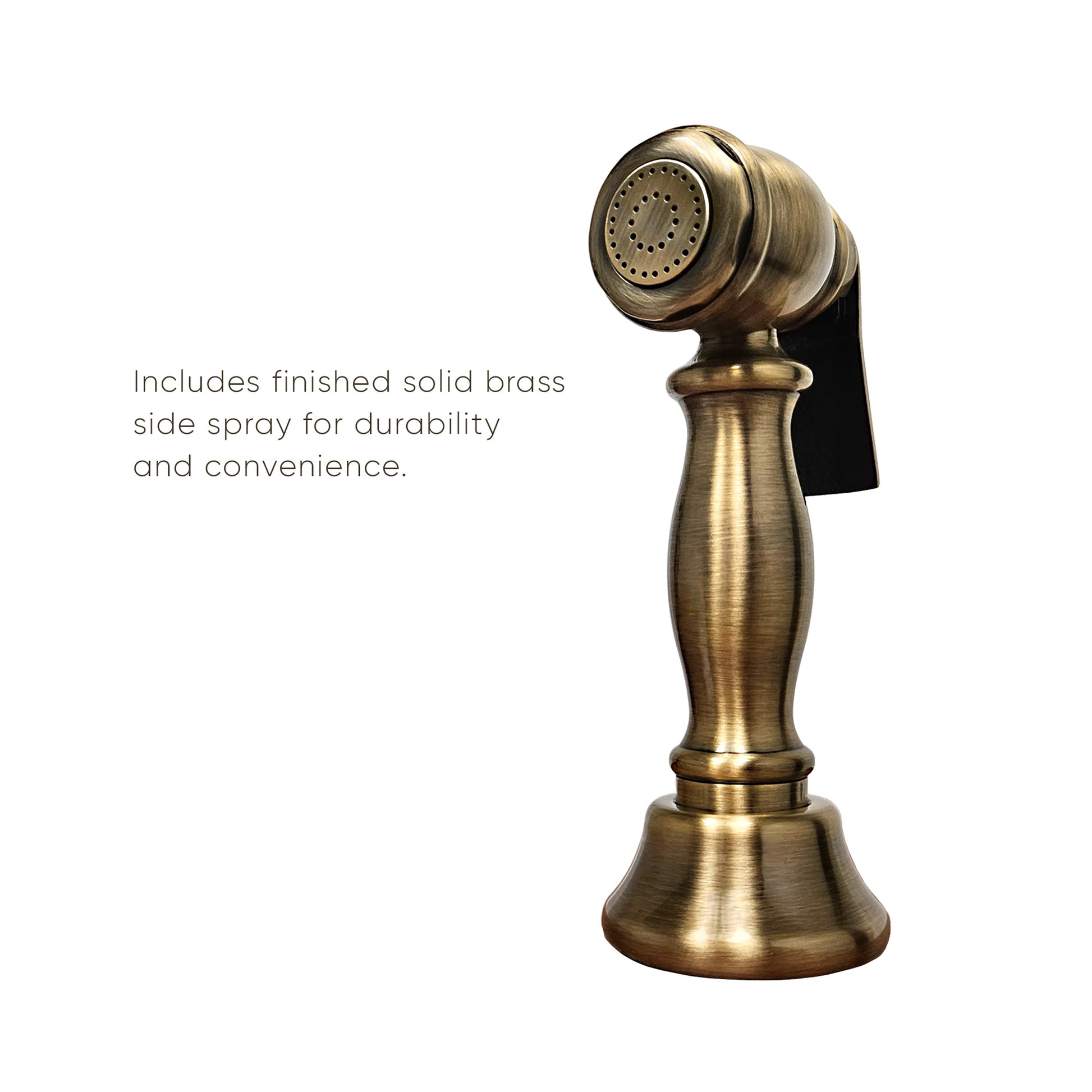 Whitehaus Vintage III Plus Antique Brass Brass Bridge Faucet With Long Gooseneck Swivel Spout, Lever Handles and Solid Brass Side Spray