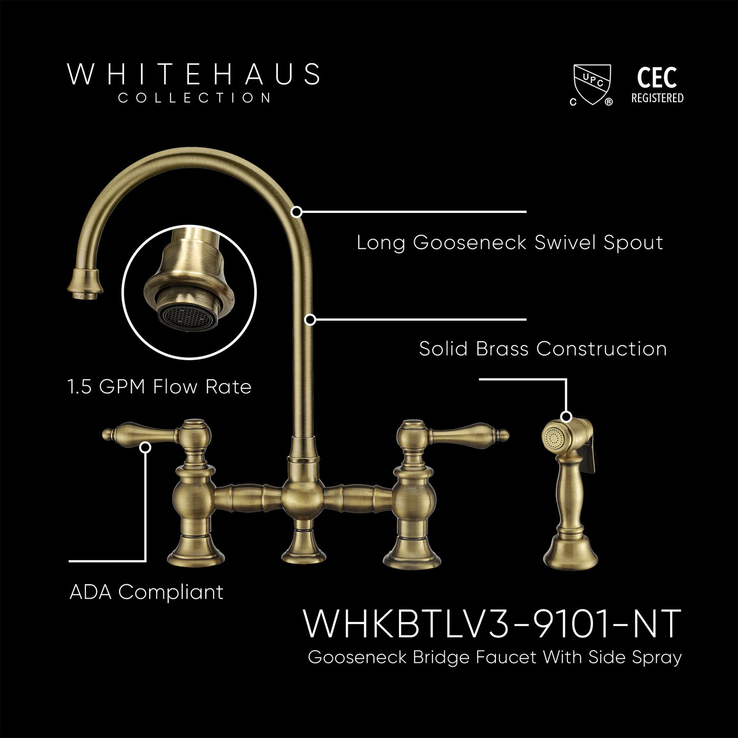Whitehaus Vintage III Plus Antique Brass Brass Bridge Faucet With Long Gooseneck Swivel Spout, Lever Handles and Solid Brass Side Spray