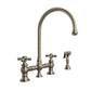 Whitehaus Vintage III Plus Brushed Nickel Brass Bridge Faucet With Long Gooseneck Swivel Spout, Cross Handles and Solid Brass Side Spray