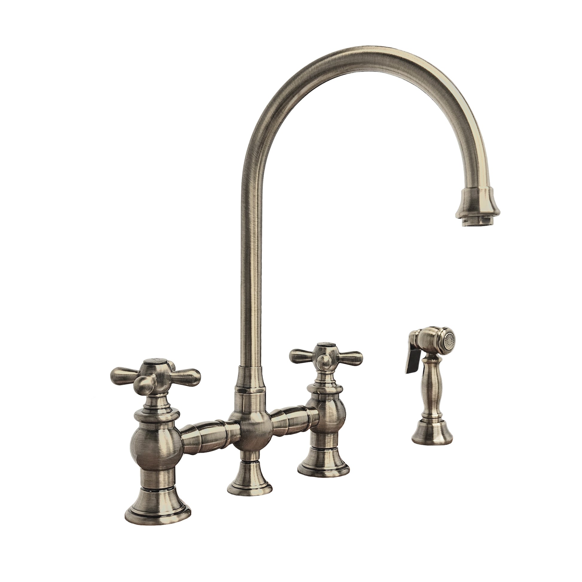 Whitehaus Vintage III Plus Brushed Nickel Brass Bridge Faucet With Long Gooseneck Swivel Spout, Cross Handles and Solid Brass Side Spray