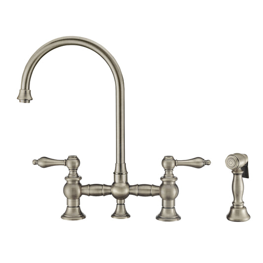 Whitehaus Vintage III Plus Brushed Nickel Brass Bridge Faucet With Long Gooseneck Swivel Spout, Lever Handles and Solid Brass Side Spray