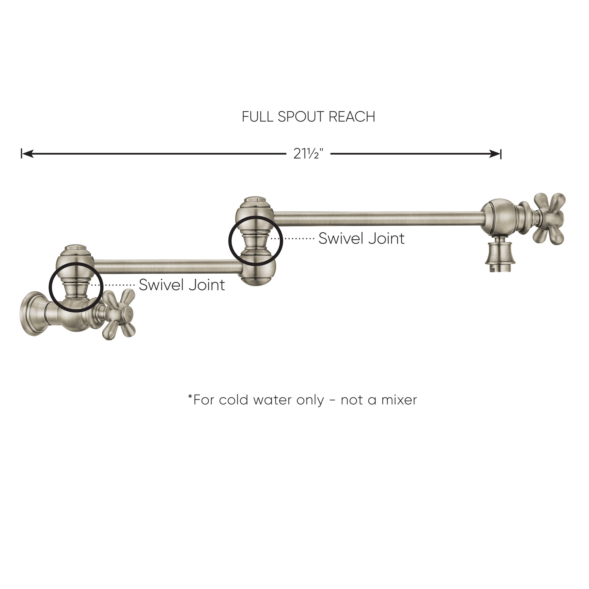 Whitehaus Vintage III Plus Brushed Nickel Brass Wall Mount Retractable Swing Spout Pot Filler With Cross Handles