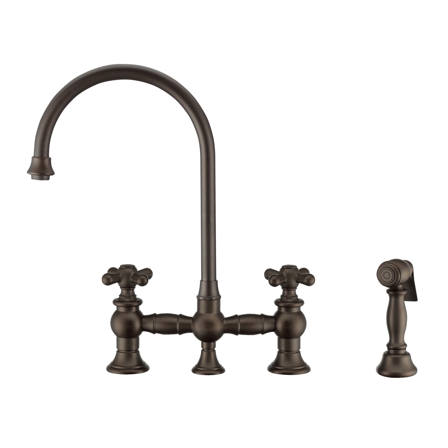 Whitehaus Vintage III Plus Oil Rubbed Bronze Brass Bridge Faucet With Long Gooseneck Swivel Spout, Cross Handles and Solid Brass Side Spray