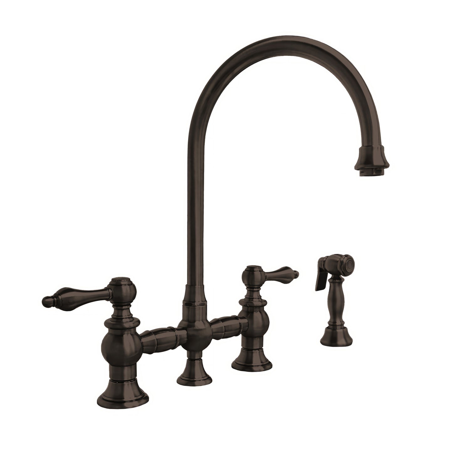 Whitehaus Vintage III Plus Oil Rubbed Bronze Brass Bridge Faucet With Long Gooseneck Swivel Spout, Lever Handles and Solid Brass Side Spray