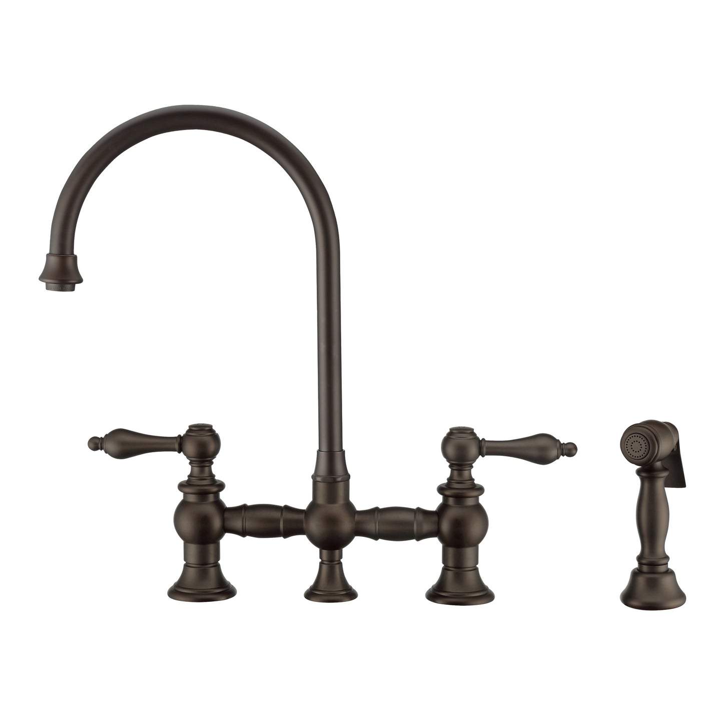 Whitehaus Vintage III Plus Oil Rubbed Bronze Brass Bridge Faucet With Long Gooseneck Swivel Spout, Lever Handles and Solid Brass Side Spray
