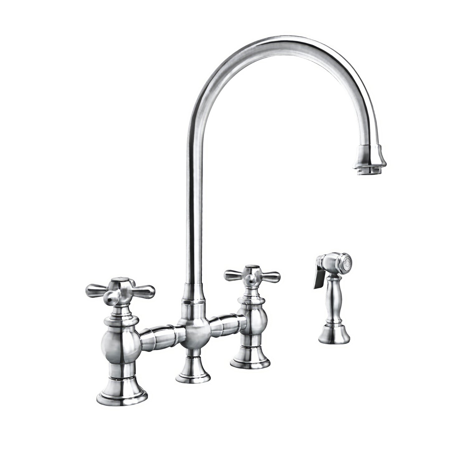 Whitehaus Vintage III Plus Polished Chrome Brass Bridge Faucet With Long Gooseneck Swivel Spout, Cross Handles and Solid Brass Side Spray