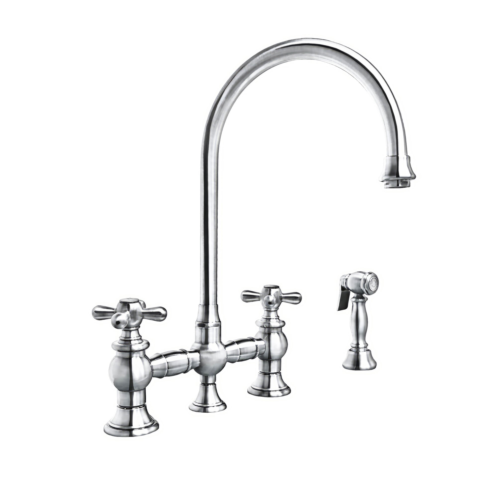 Whitehaus Vintage III Plus Polished Chrome Brass Bridge Faucet With Long Gooseneck Swivel Spout, Cross Handles and Solid Brass Side Spray