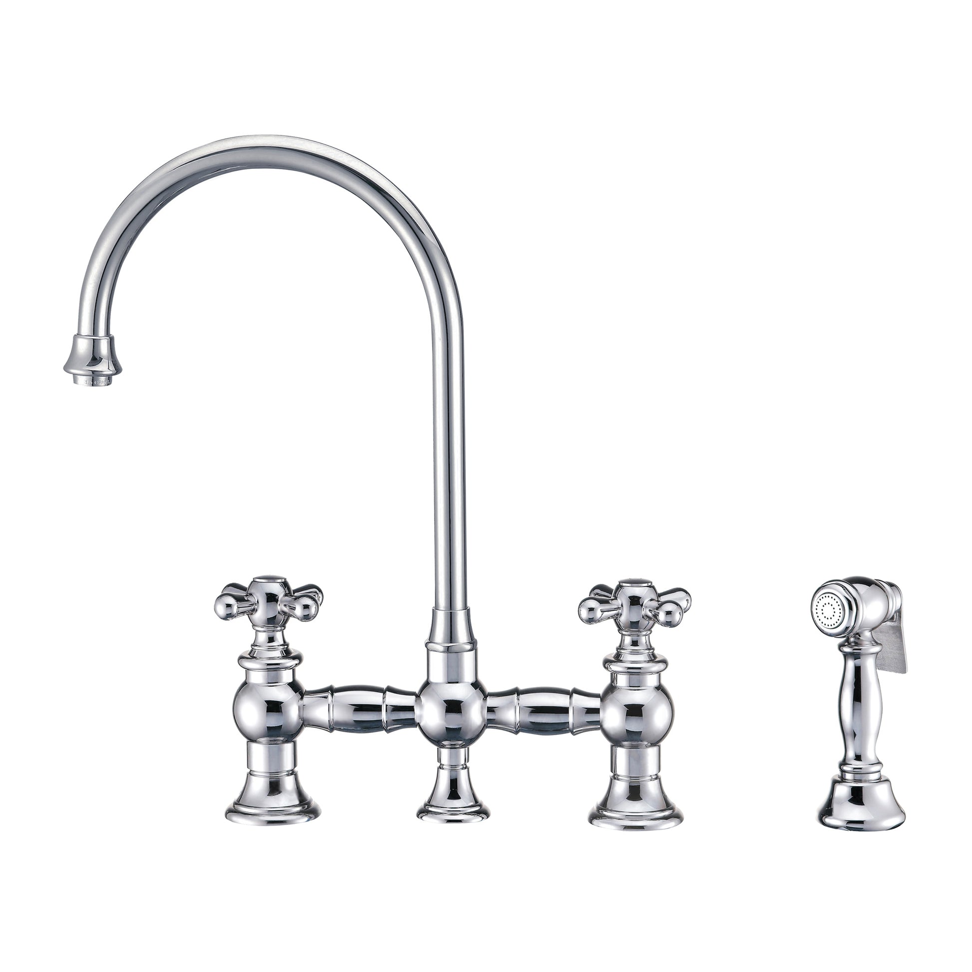 Whitehaus Vintage III Plus Polished Chrome Brass Bridge Faucet With Long Gooseneck Swivel Spout, Cross Handles and Solid Brass Side Spray