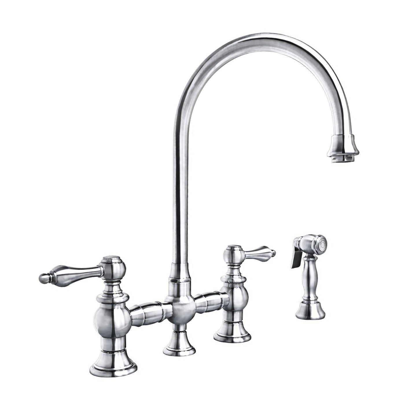 Whitehaus Vintage III Plus Polished Chrome Brass Bridge Faucet With Long Gooseneck Swivel Spout, Lever Handles and Solid Brass Side Spray