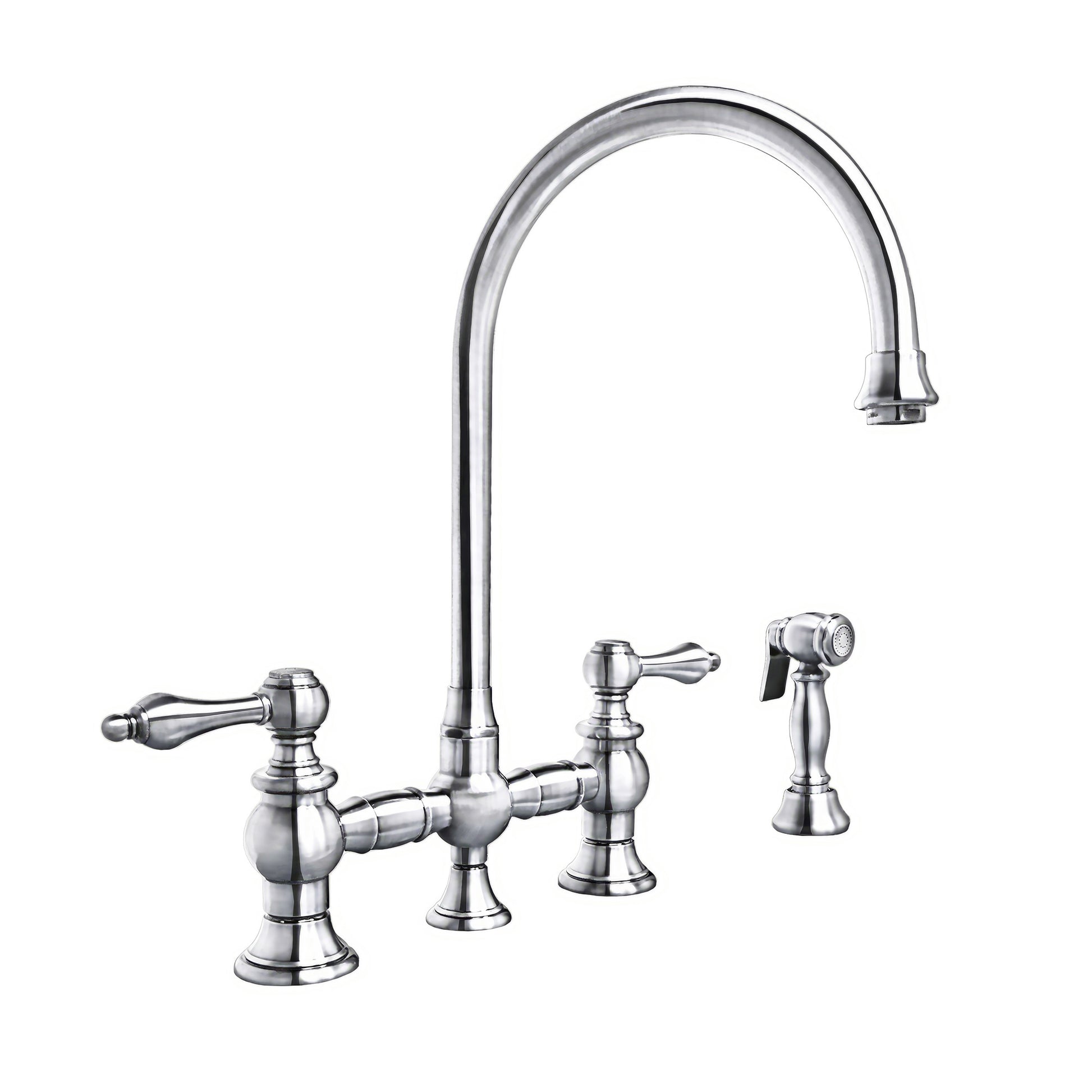 Whitehaus Vintage III Plus Polished Chrome Brass Bridge Faucet With Long Gooseneck Swivel Spout, Lever Handles and Solid Brass Side Spray