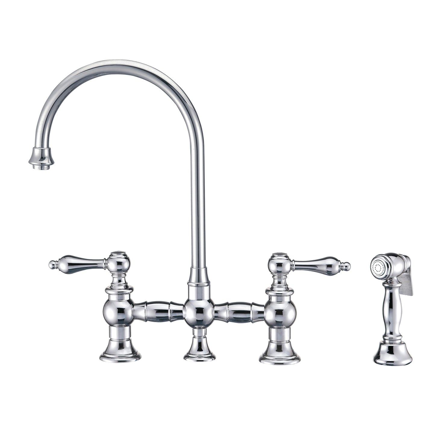 Whitehaus Vintage III Plus Polished Chrome Brass Bridge Faucet With Long Gooseneck Swivel Spout, Lever Handles and Solid Brass Side Spray