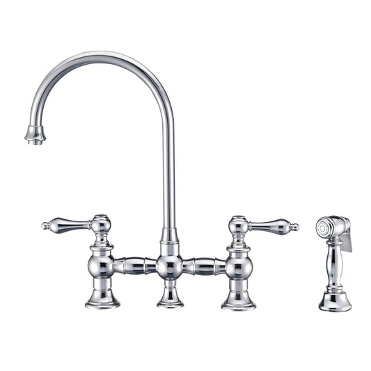 Whitehaus Vintage III Plus Polished Chrome Brass Bridge Faucet With Long Gooseneck Swivel Spout, Lever Handles and Solid Brass Side Spray