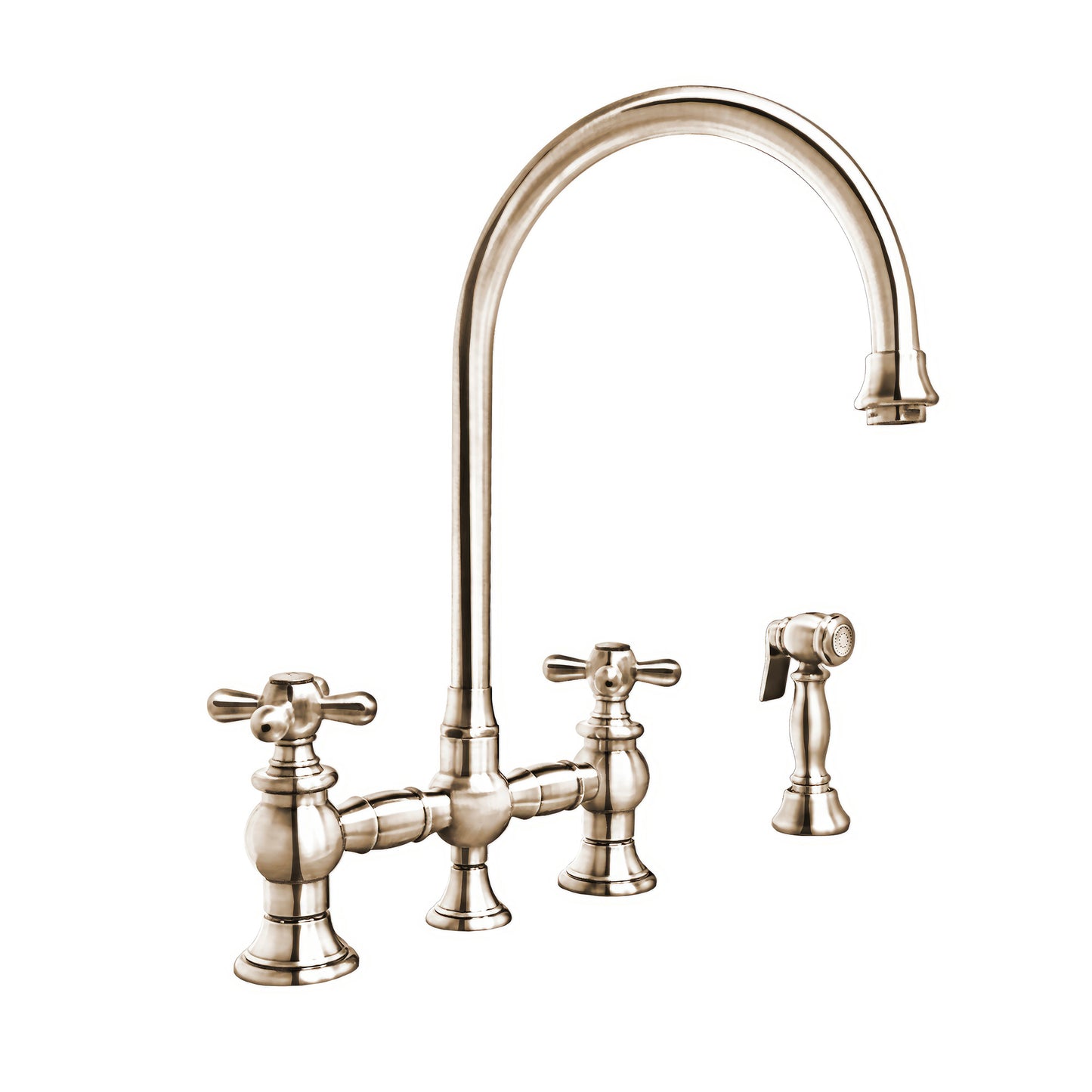 Whitehaus Vintage III Plus Polished Nickel Brass Bridge Faucet With Long Gooseneck Swivel Spout, Cross Handles and Solid Brass Side Spray