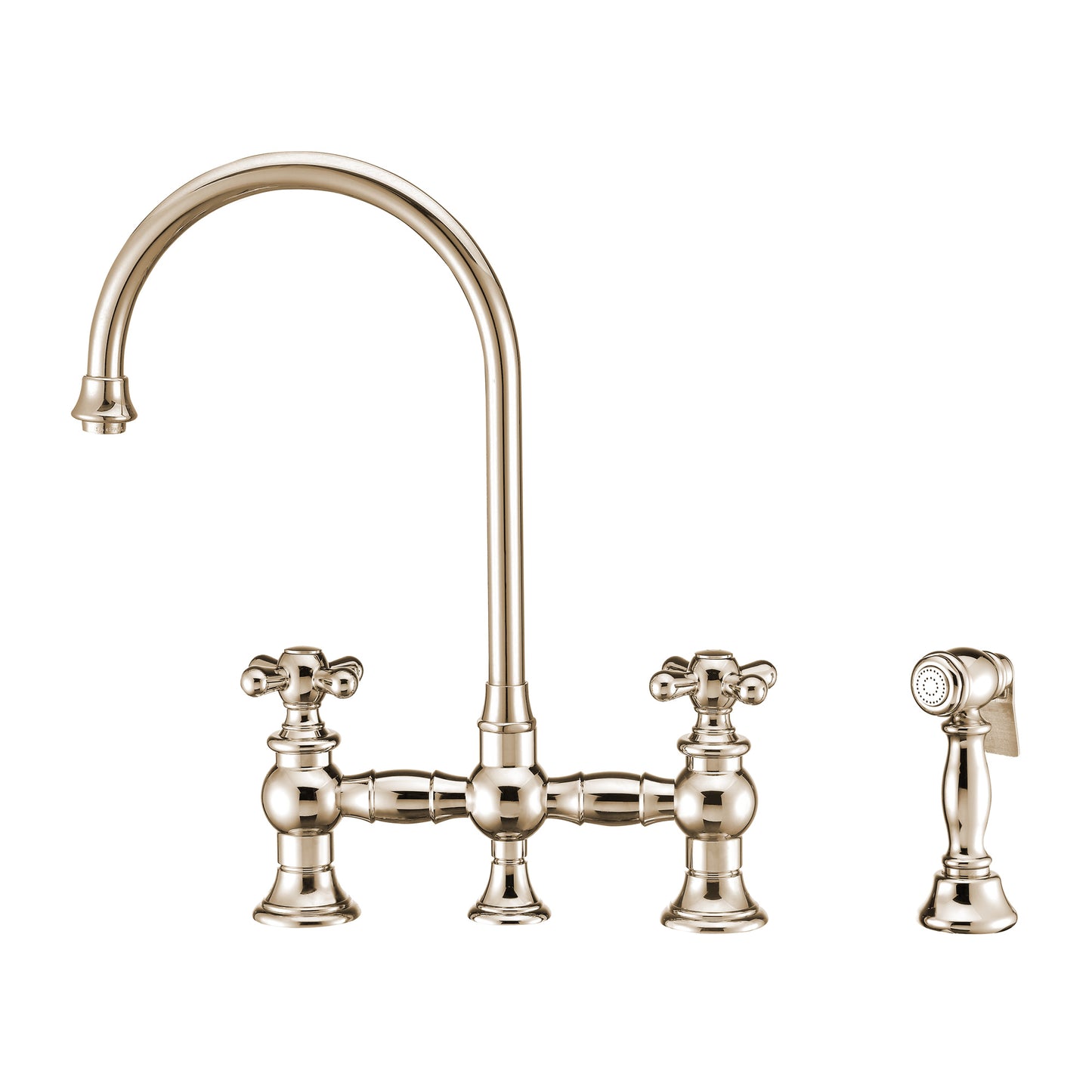 Whitehaus Vintage III Plus Polished Nickel Brass Bridge Faucet With Long Gooseneck Swivel Spout, Cross Handles and Solid Brass Side Spray