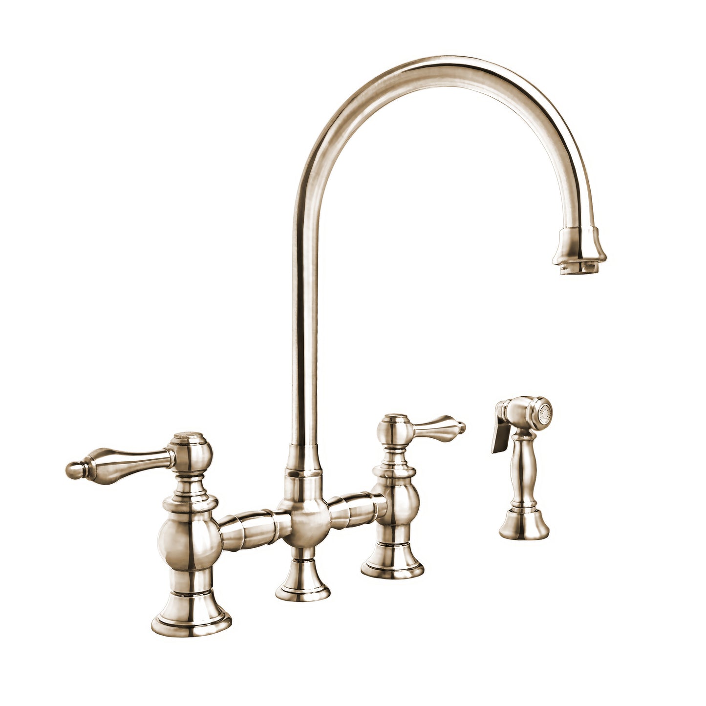 Whitehaus Vintage III Plus Polished Nickel Brass Bridge Faucet With Long Gooseneck Swivel Spout, Lever Handles and Solid Brass Side Spray